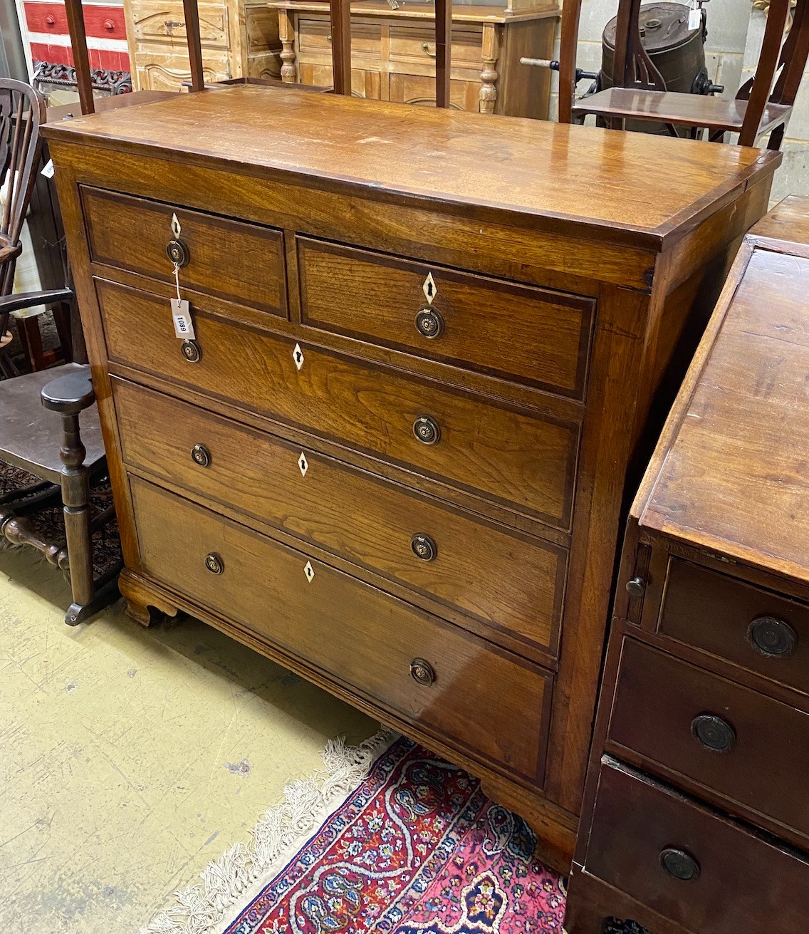 A George IV mahogany banded provincial oak chest, width 109cm, depth 47cm, height 108cm